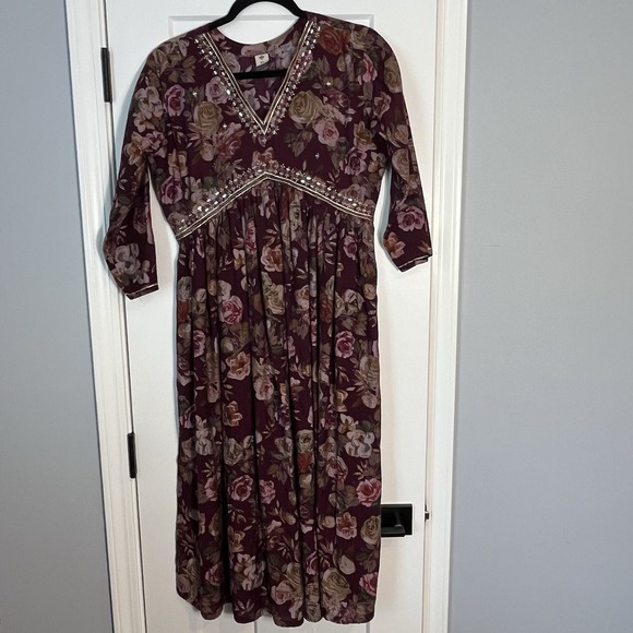 Indian‎ Burgundy Floral Dress Tunic Women's XL Embellished V-neck Party Festival - Picture 2 of 14